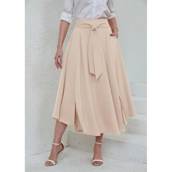 Women's Apricot Elegant Waist Side Slit Irregular Bohemian Pockets Maxi Skirt - Picture 4 of 7